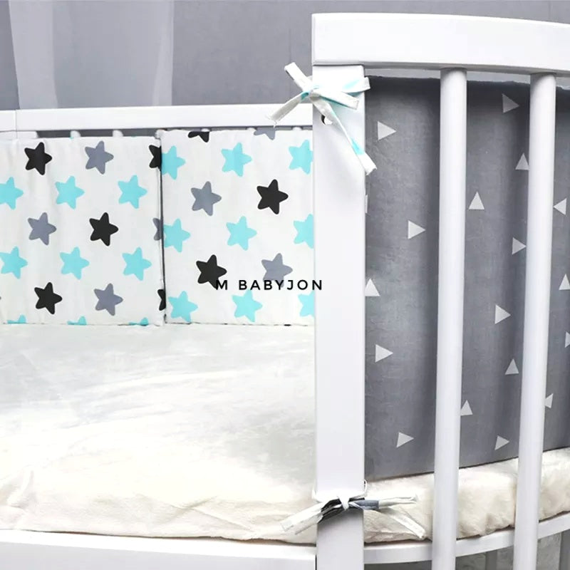 Grey Crib Bumper With Multi Color Stars In Cotton - Safe Liner Pads