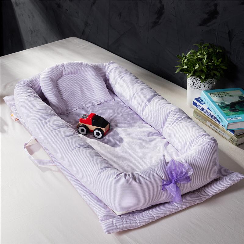 Purple Striped Cotton Baby Nest Lounger With Pillow- Soft Bednest